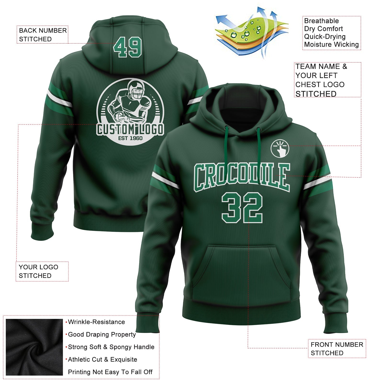 Custom Stitched Green Kelly Green-White Football Pullover Sweatshirt Hoodie view 2