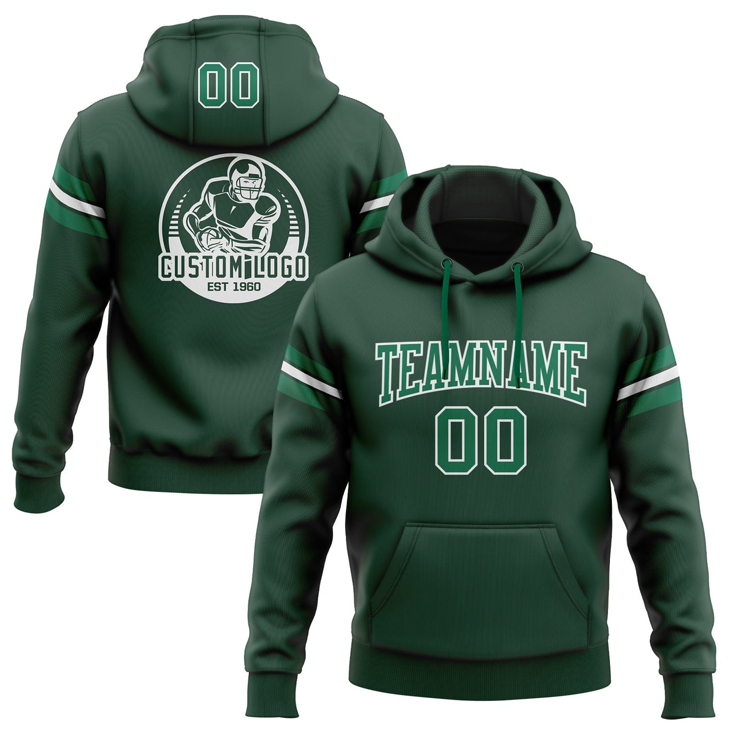 Custom Stitched Green Kelly Green-White Football Pullover Sweatshirt Hoodie - Main View