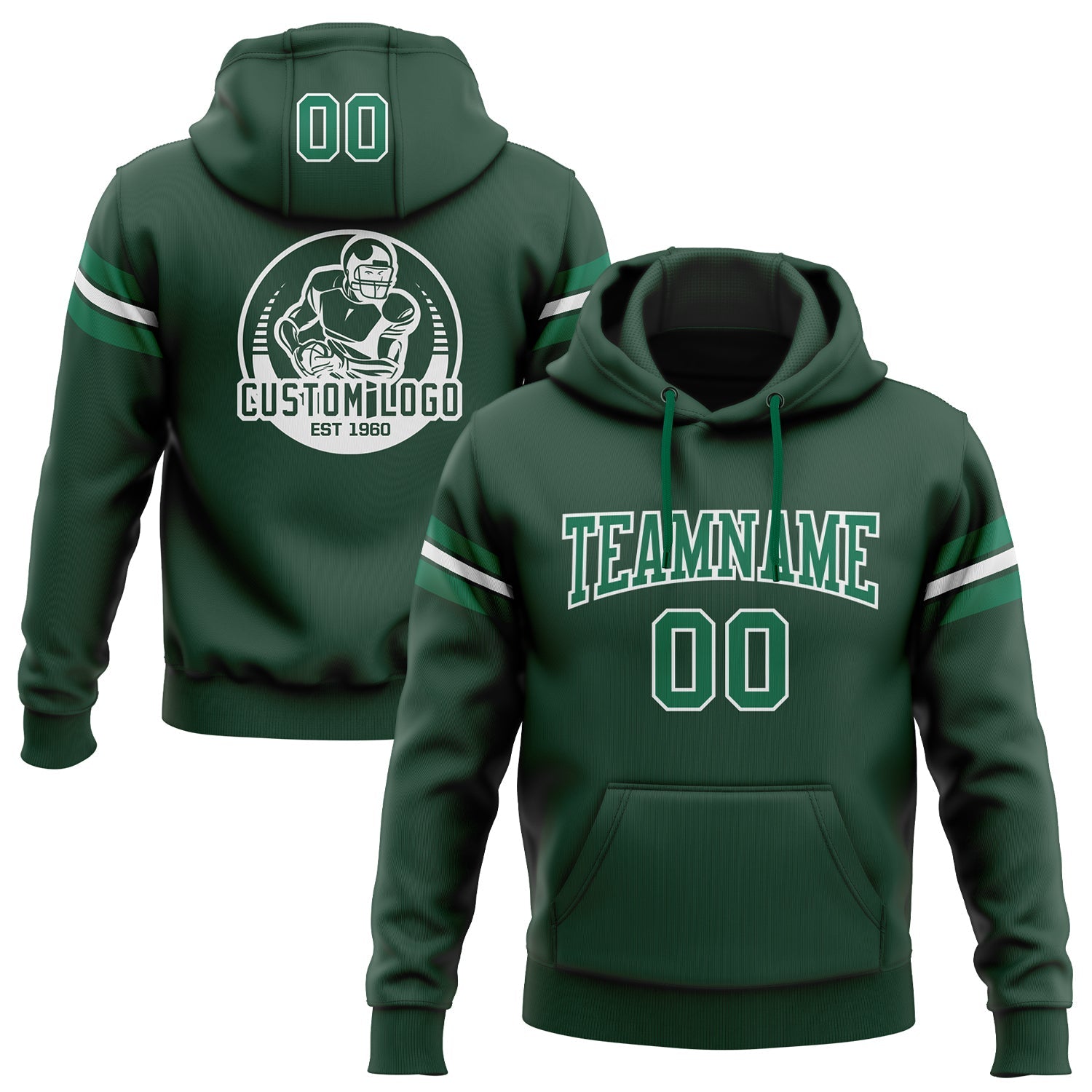 Custom Stitched Green Kelly Green-White Football Pullover Sweatshirt Hoodie - Main View