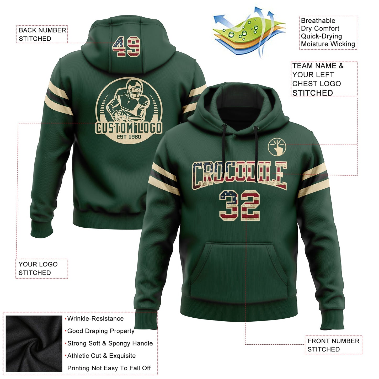 Custom Stitched Green Vintage USA Flag City Cream-Black Football Pullover Sweatshirt Hoodie view 2