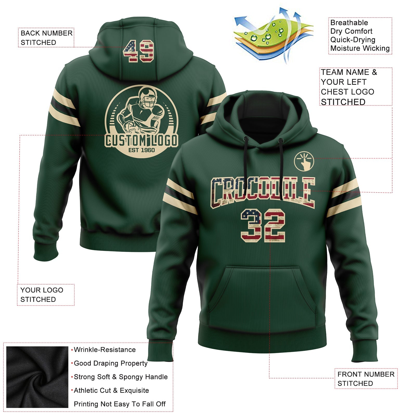 Custom Stitched Green Vintage USA Flag City Cream-Black Football Pullover Sweatshirt Hoodie view 2
