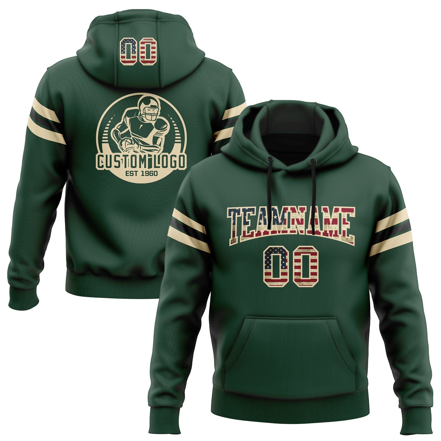 Custom Stitched Green Vintage USA Flag City Cream-Black Football Pullover Sweatshirt Hoodie - Main View