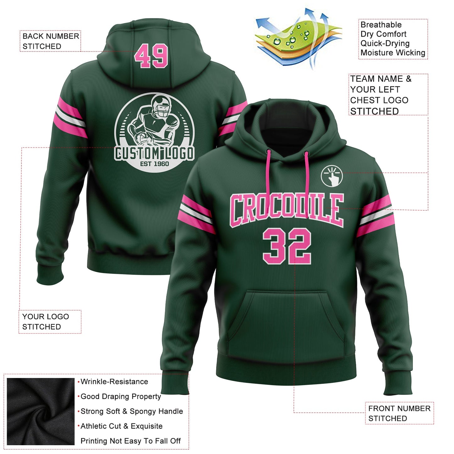 Custom Stitched Green Pink-White Football Pullover Sweatshirt Hoodie view 2