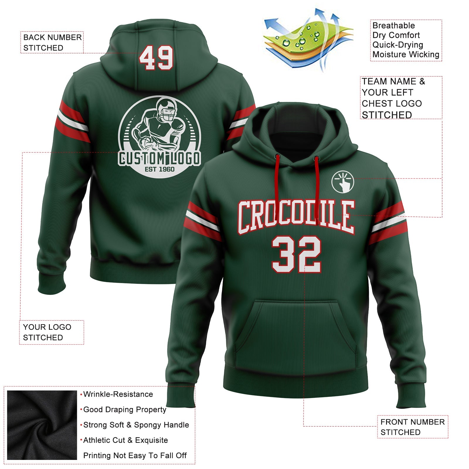 Custom Stitched Green White-Red Football Pullover Sweatshirt Hoodie view 2