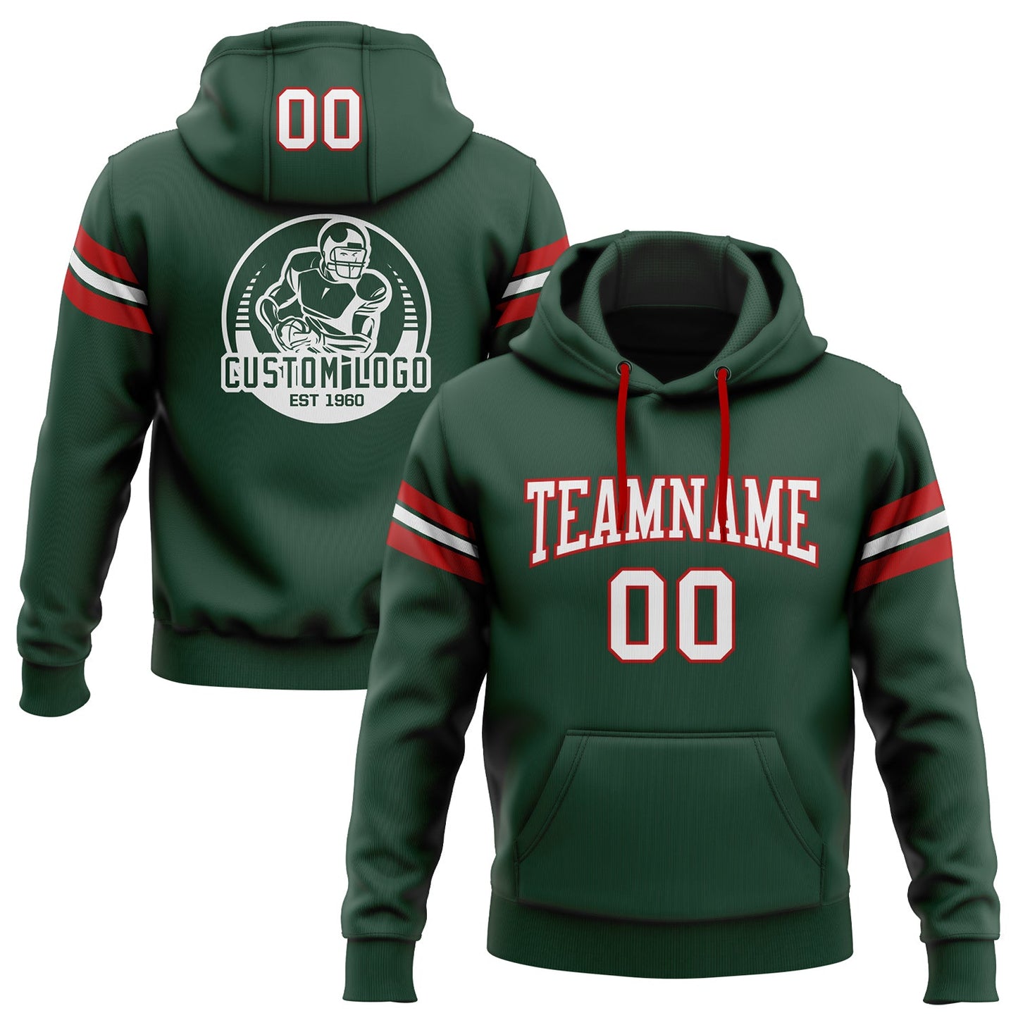 Custom Stitched Green White-Red Football Pullover Sweatshirt Hoodie - Main View