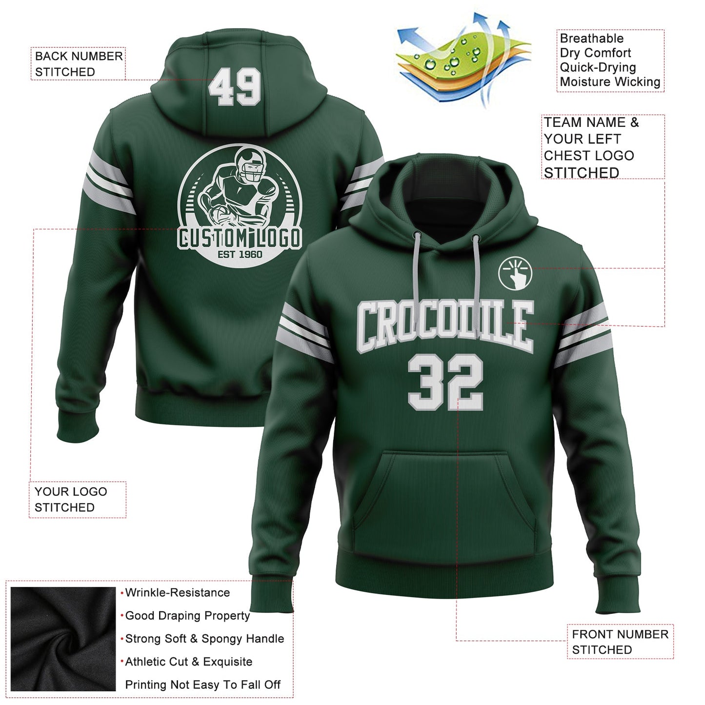 Custom Stitched Green White-Gray Football Pullover Sweatshirt Hoodie view 2