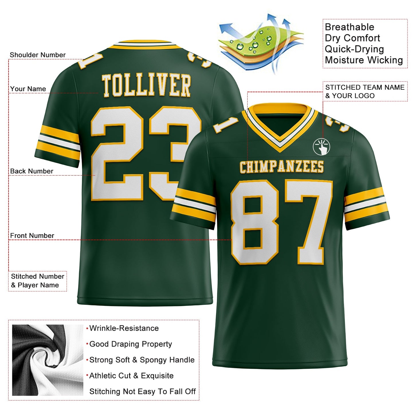 Custom Green White-Gold Authentic Football Jersey view 3