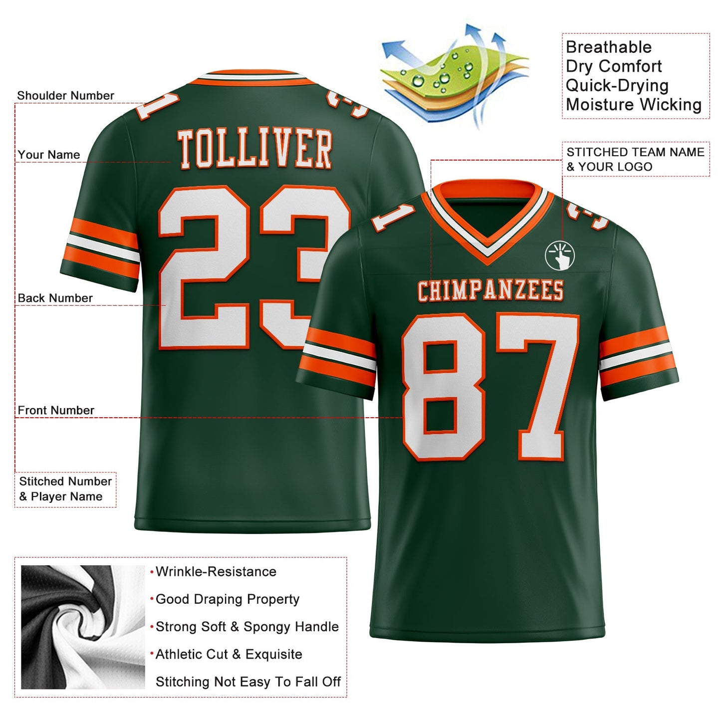 Custom Green White-Orange Authentic Football Jersey view 2