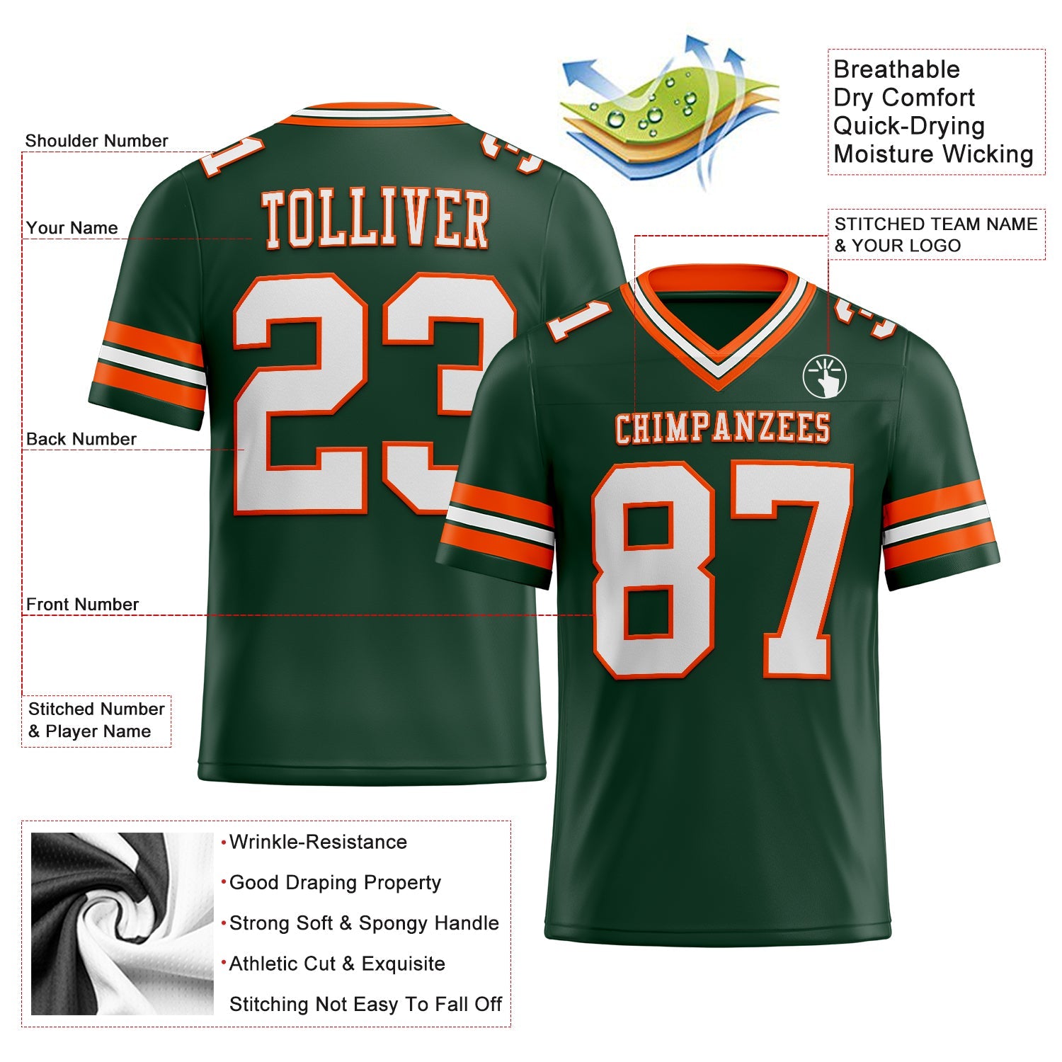 Custom Green White-Orange Authentic Football Jersey view 2