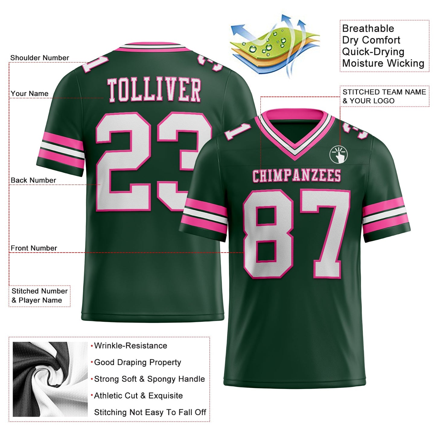 Custom Green White-Pink Authentic Football Jersey view 2