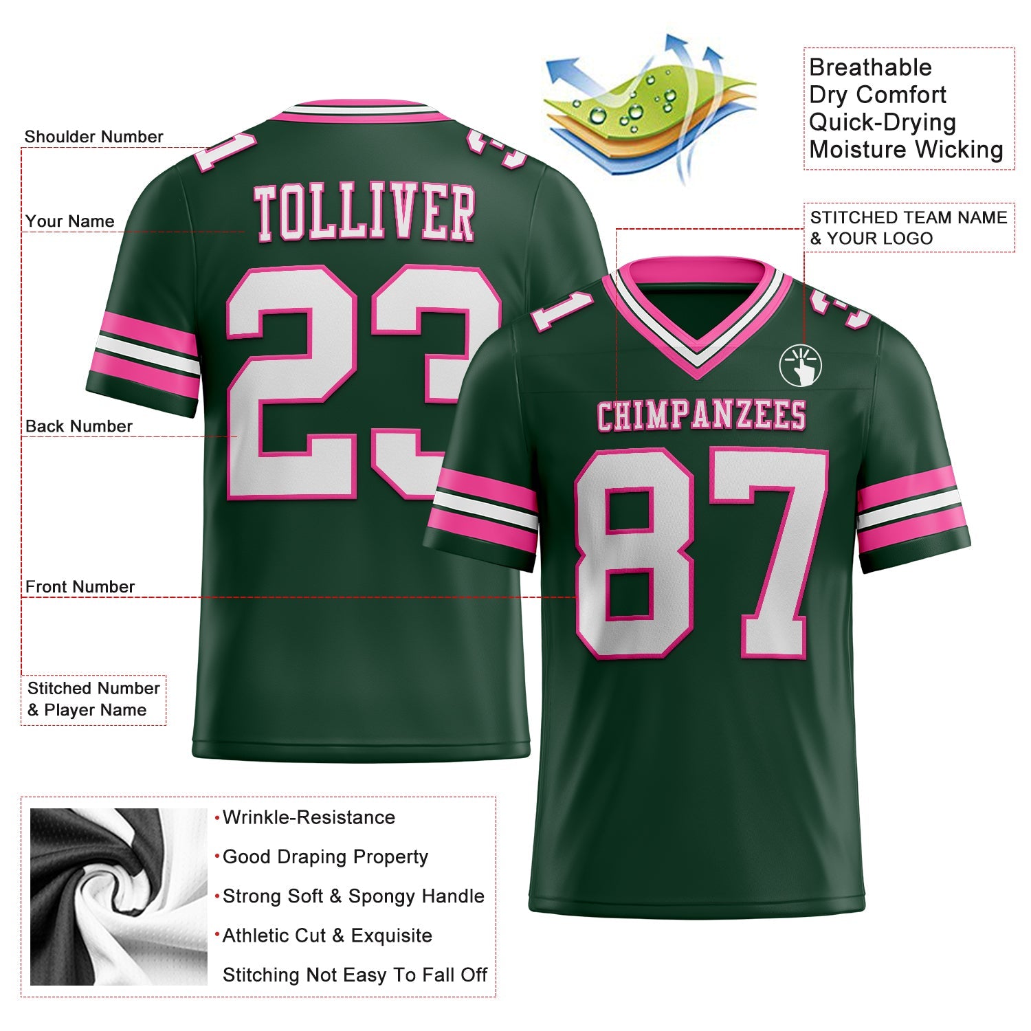 Custom Green White-Pink Authentic Football Jersey view 2