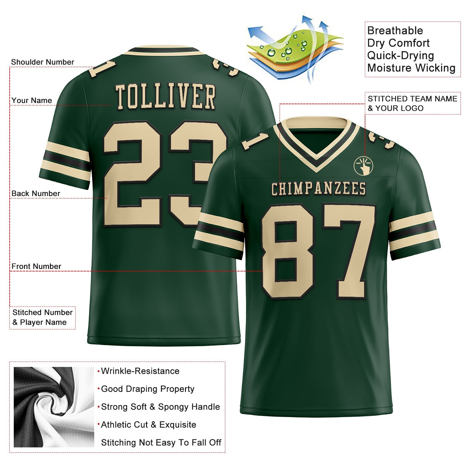Custom Green City Cream-Black Authentic Football Jersey view 2