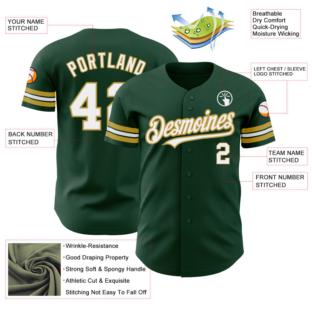 Custom Green White-Old Gold Authentic Baseball Jersey view 3