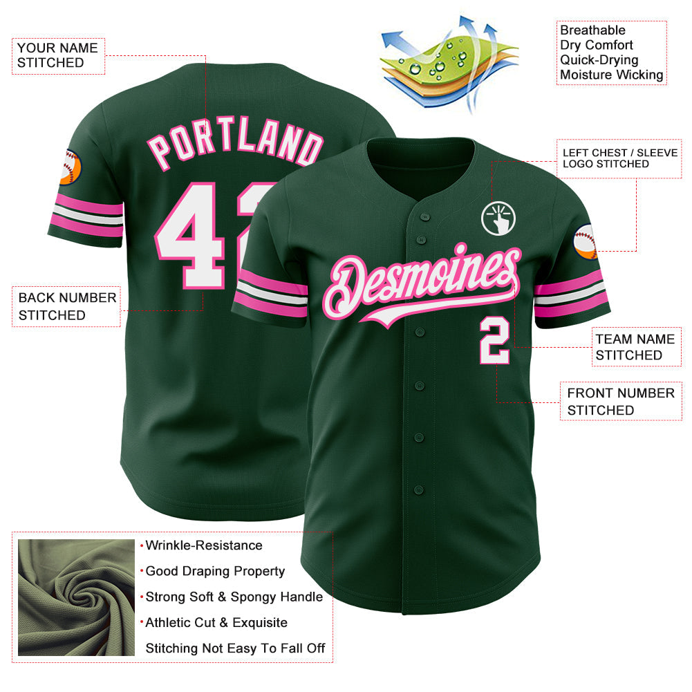 Custom Green White-Pink Authentic Baseball Jersey view 3