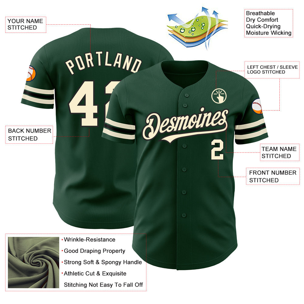 Custom Green Cream-Black Authentic Baseball Jersey view 3