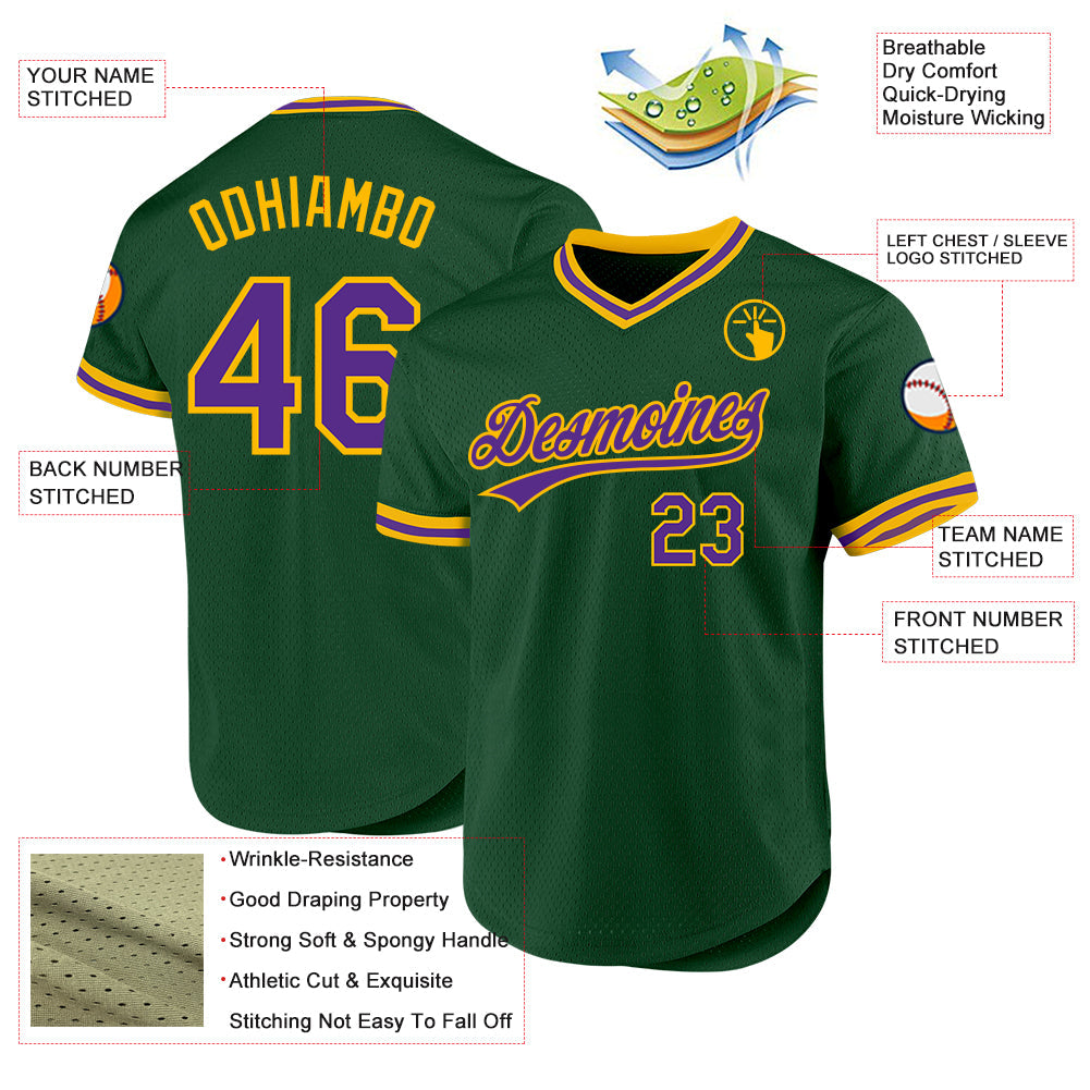 Custom Green Purple-Gold Authentic Throwback Baseball Jersey view 3