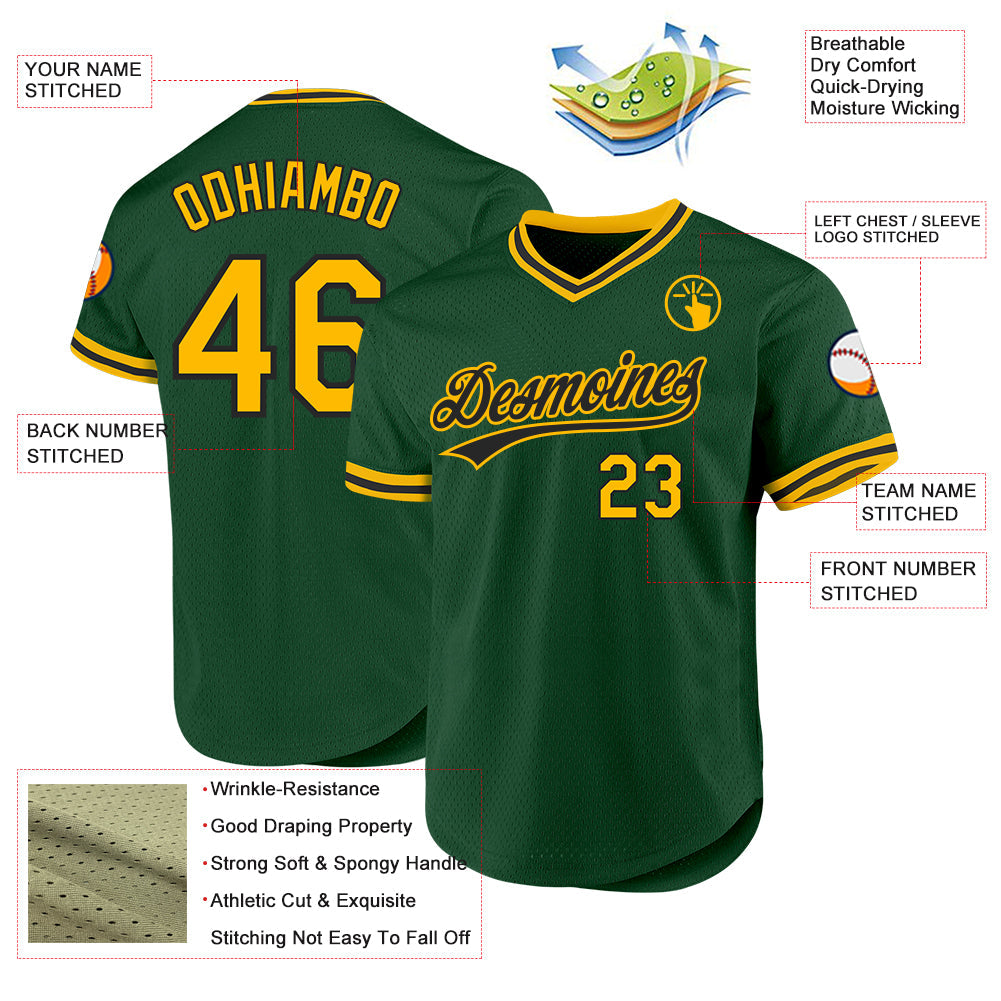 Custom Green Gold-Black Authentic Throwback Baseball Jersey view 3