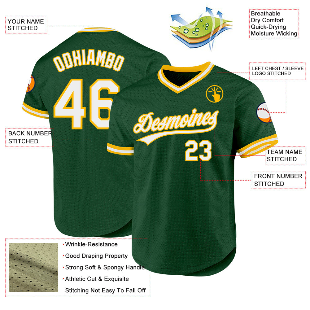 Custom Green White-Gold Authentic Throwback Baseball Jersey view 3