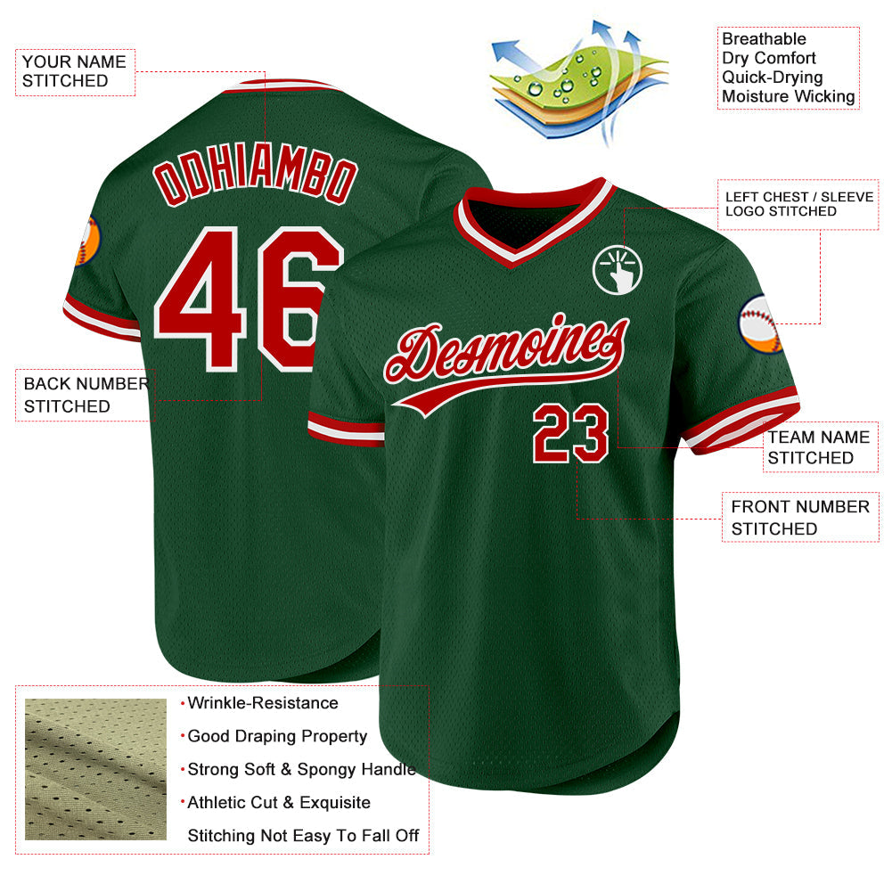 Custom Green Red-White Authentic Throwback Baseball Jersey view 3
