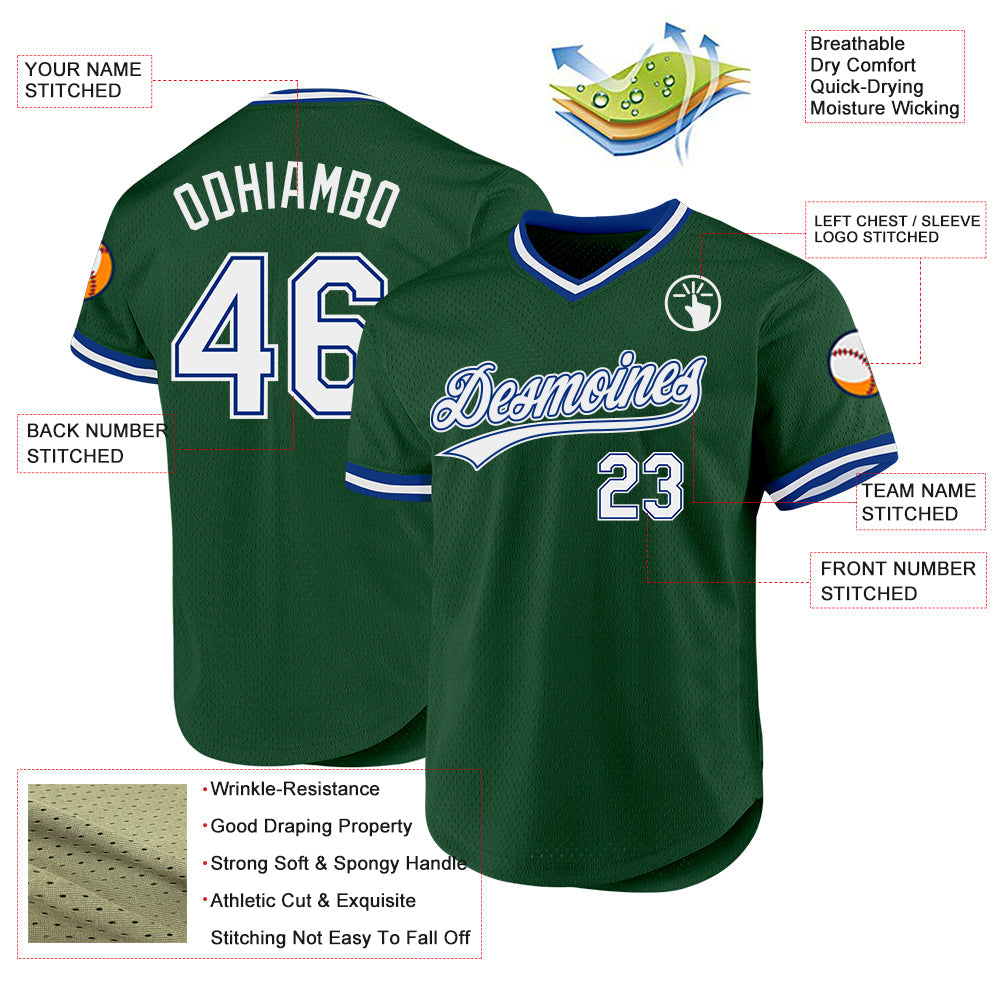 Custom Green White-Royal Authentic Throwback Baseball Jersey view 3