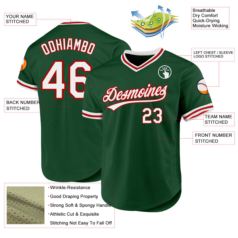 Custom Green White-Red Authentic Throwback Baseball Jersey view 3