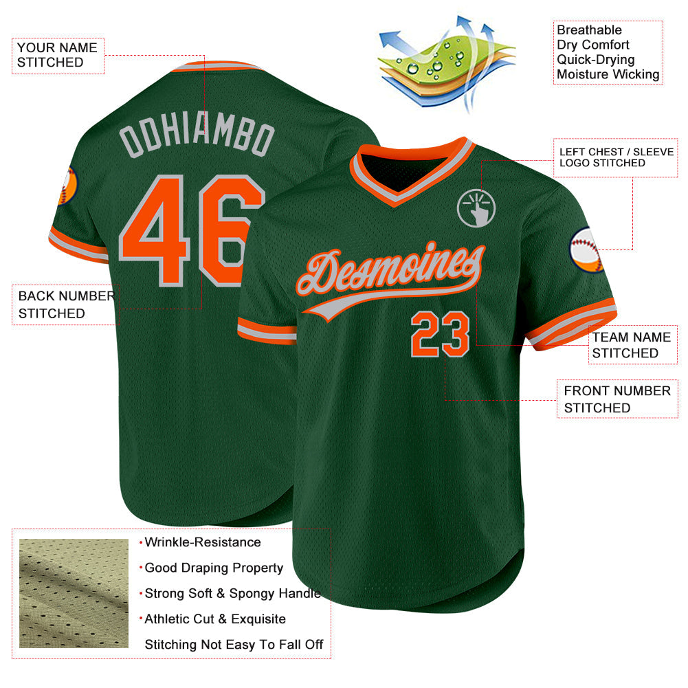Custom Green Orange-Gray Authentic Throwback Baseball Jersey view 3