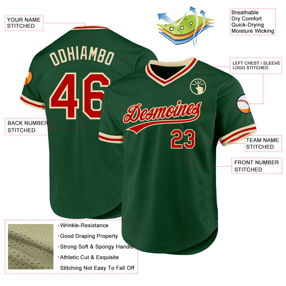 Custom Green Red-Cream Authentic Throwback Baseball Jersey view 3