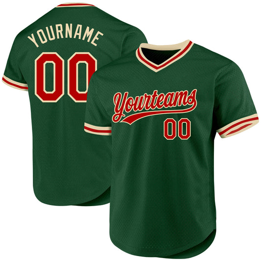 Custom Green Red-Cream Authentic Throwback Baseball Jersey - Main View
