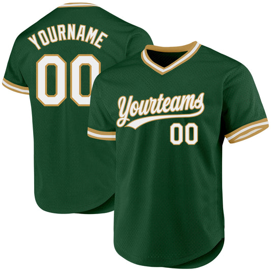 Custom Green White-Old Gold Authentic Throwback Baseball Jersey - Main View