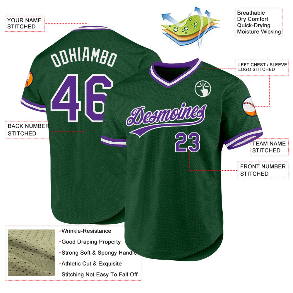 Custom Green Purple-White Authentic Throwback Baseball Jersey view 3