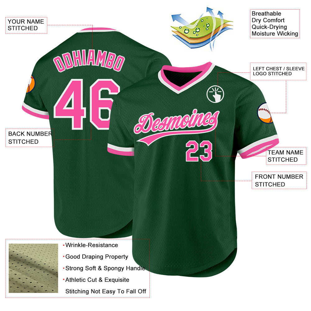 Custom Green Pink-White Authentic Throwback Baseball Jersey view 3