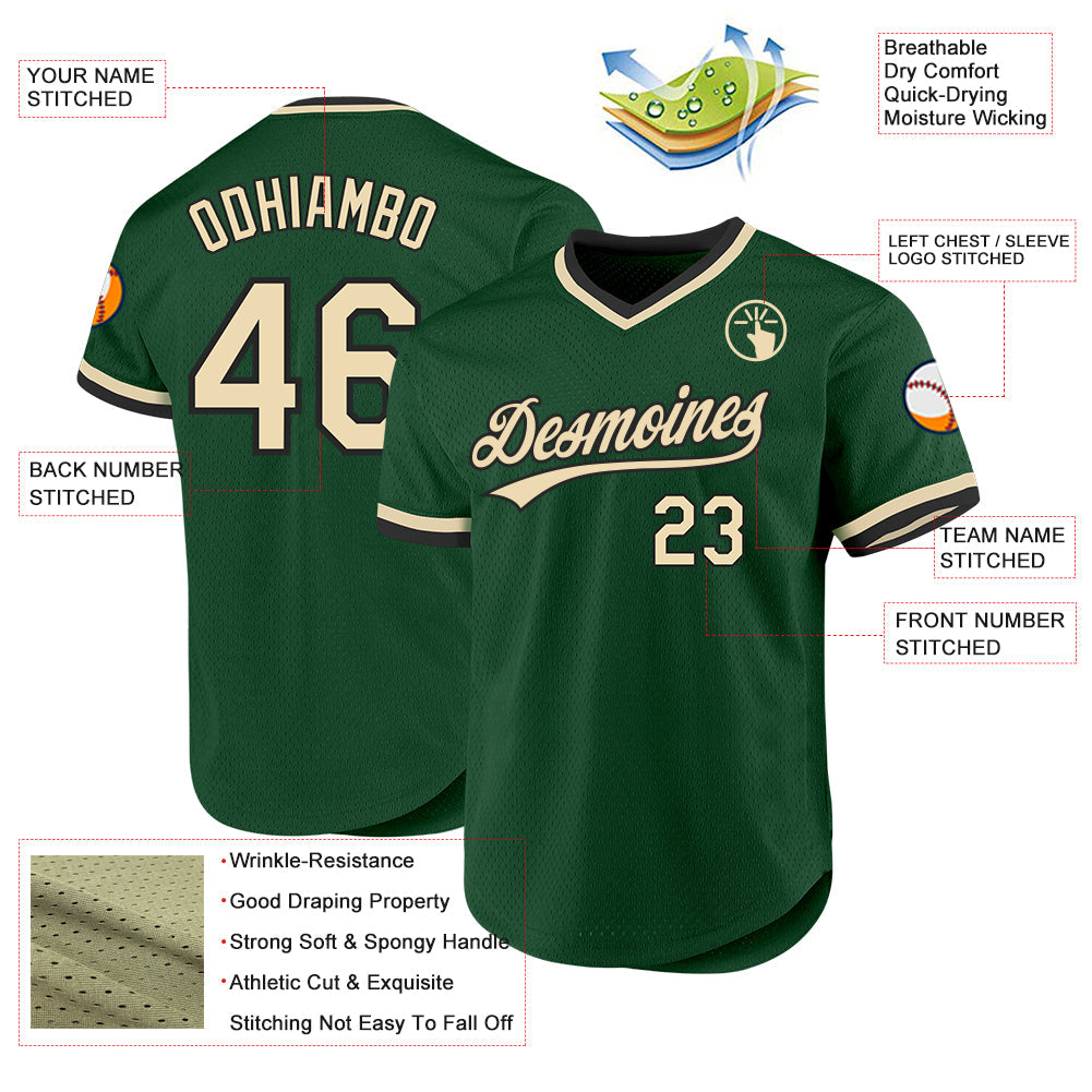 Custom Green Cream-Black Authentic Throwback Baseball Jersey view 3
