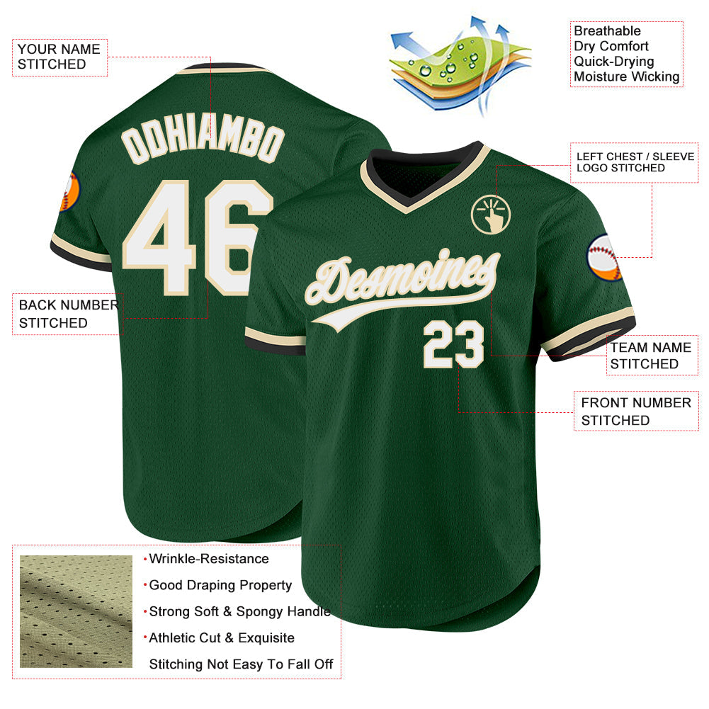 Custom Green White-Cream Authentic Throwback Baseball Jersey view 3