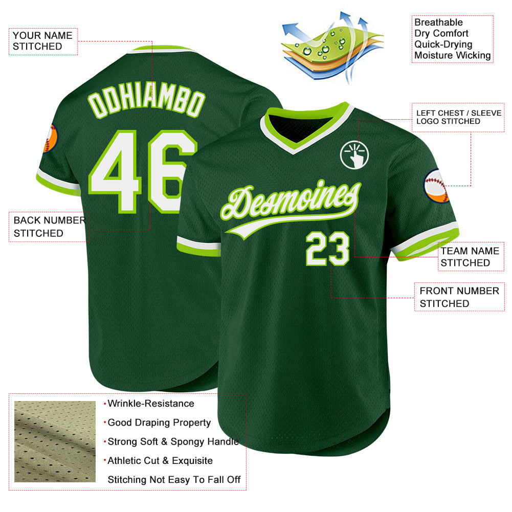 Custom Green White-Neon Green Authentic Throwback Baseball Jersey view 3