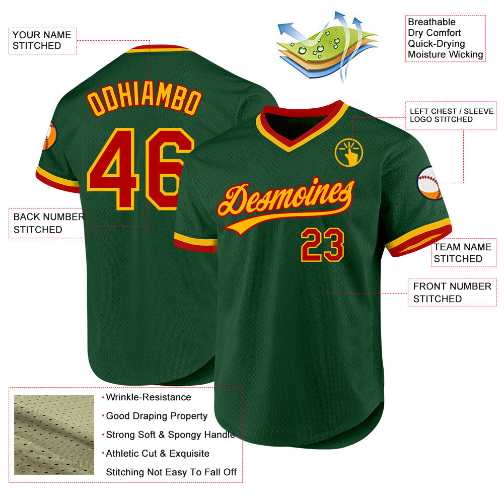 Custom Green Red-Gold Authentic Throwback Baseball Jersey view 3