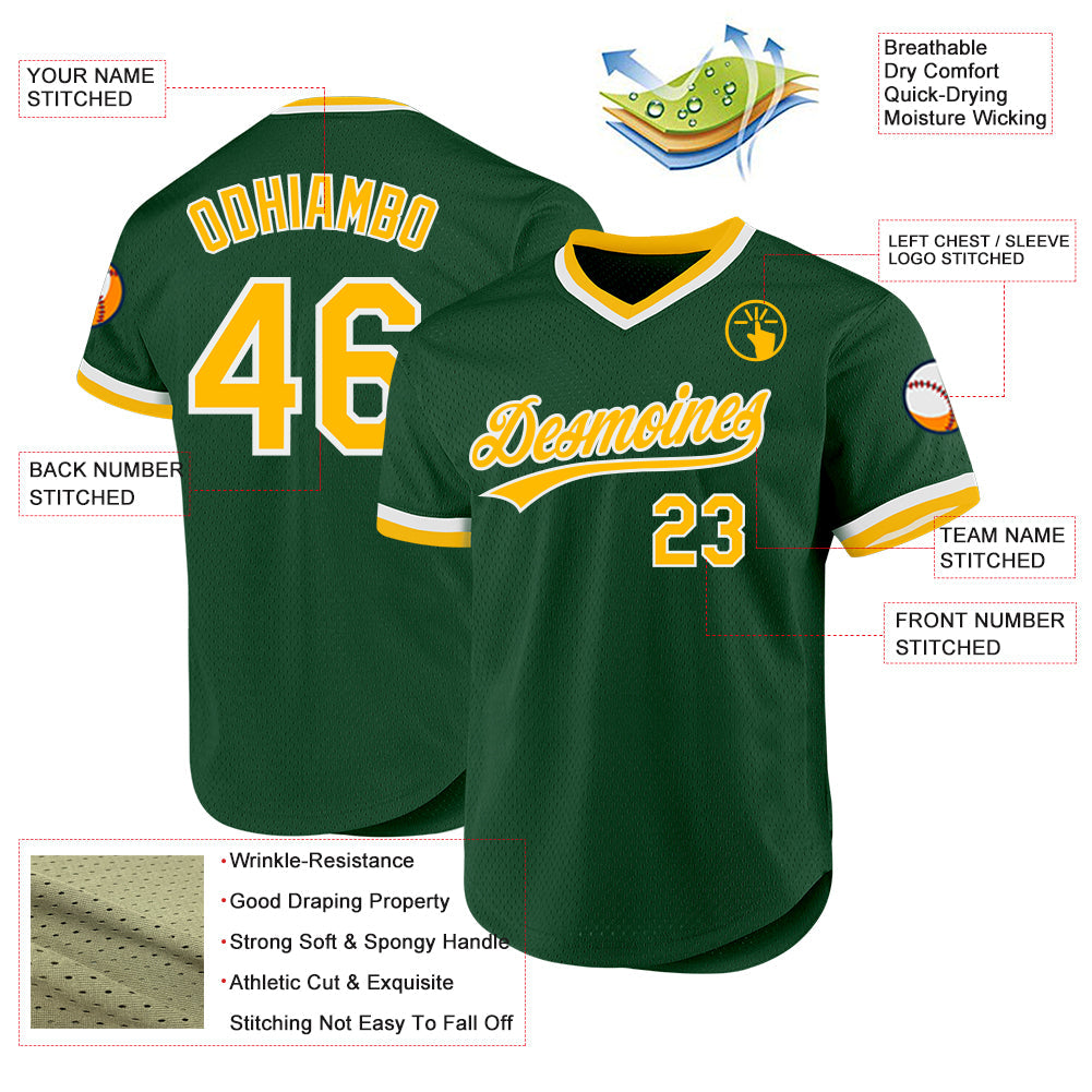 Custom Green Gold-White Authentic Throwback Baseball Jersey view 3