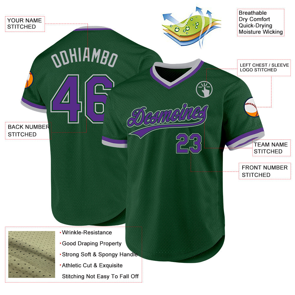 Custom Green Purple-Gray Authentic Throwback Baseball Jersey view 3