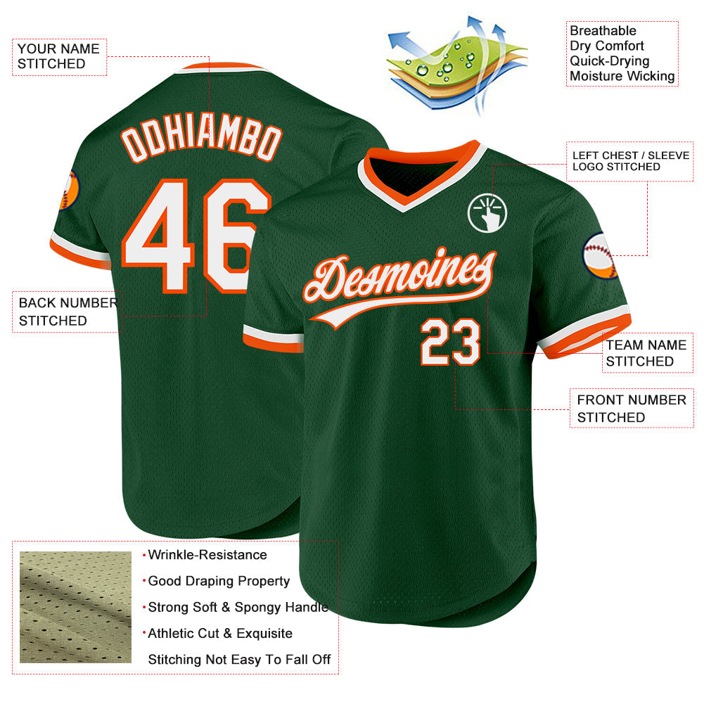Custom Green White-Orange Authentic Throwback Baseball Jersey view 3