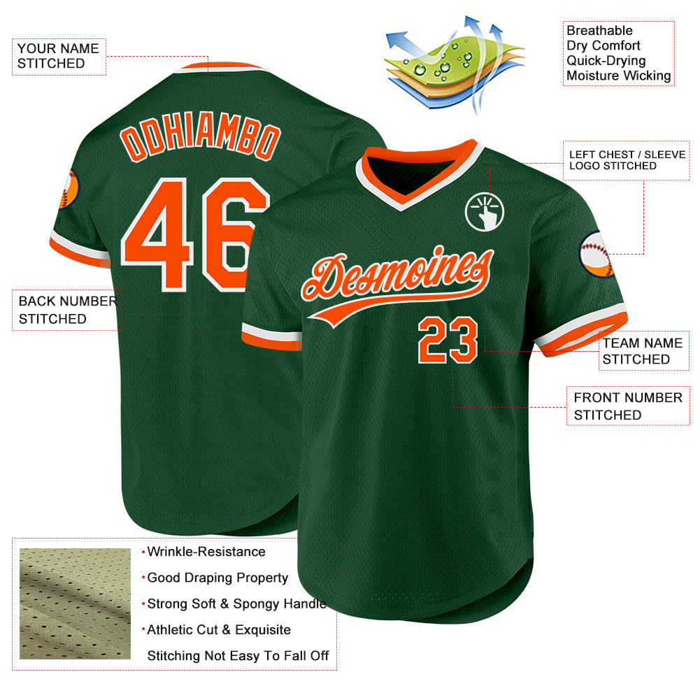 Custom Green Orange-White Authentic Throwback Baseball Jersey view 3