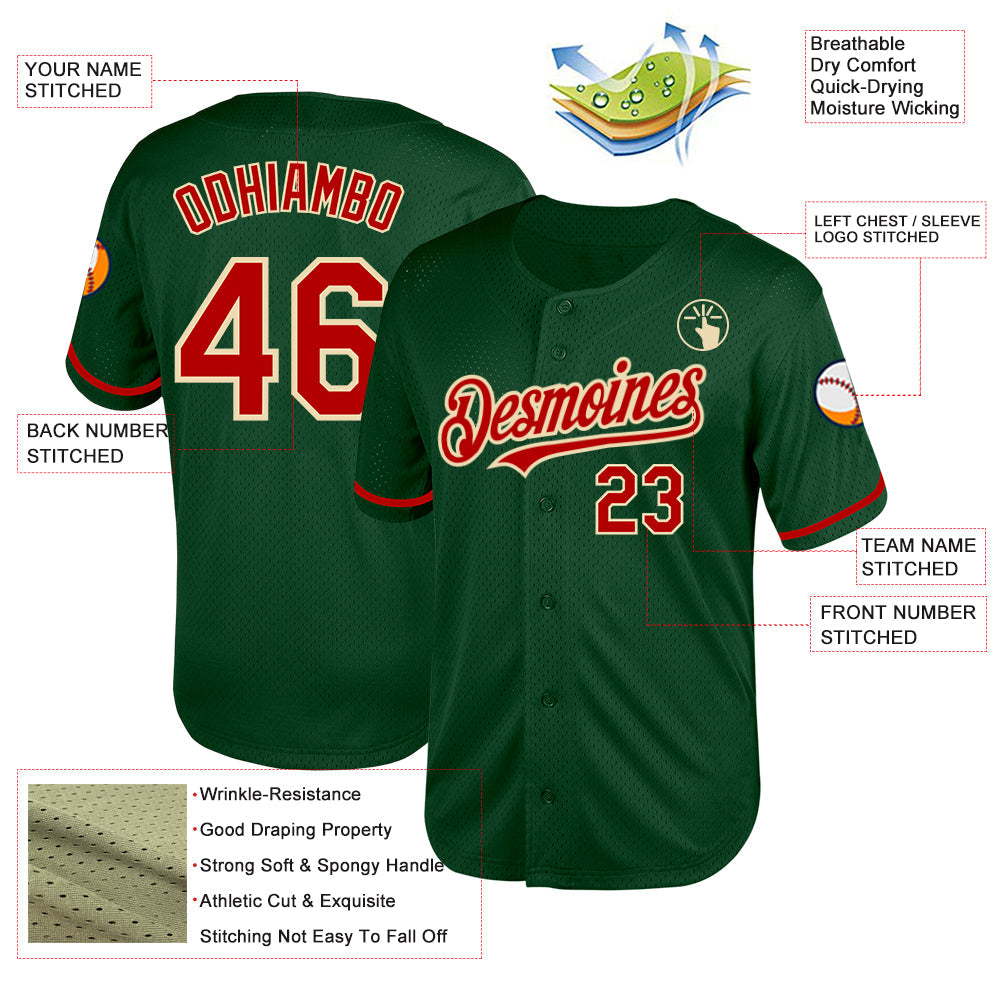 Custom Green Red-Cream Mesh Authentic Throwback Baseball Jersey view 3