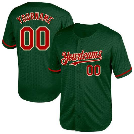Custom Green Red-Cream Mesh Authentic Throwback Baseball Jersey - Main View