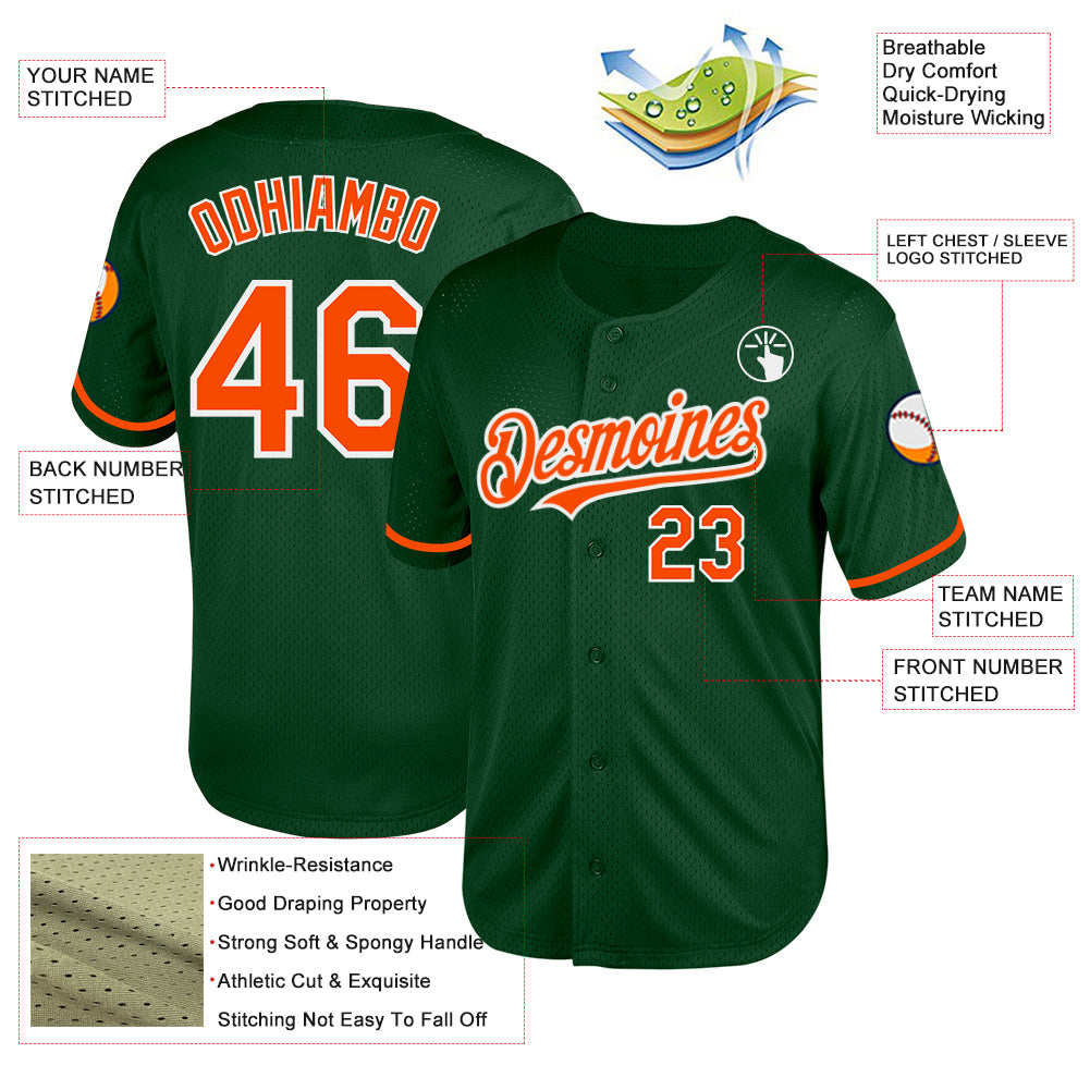 Custom Green Orange-White Mesh Authentic Throwback Baseball Jersey view 3