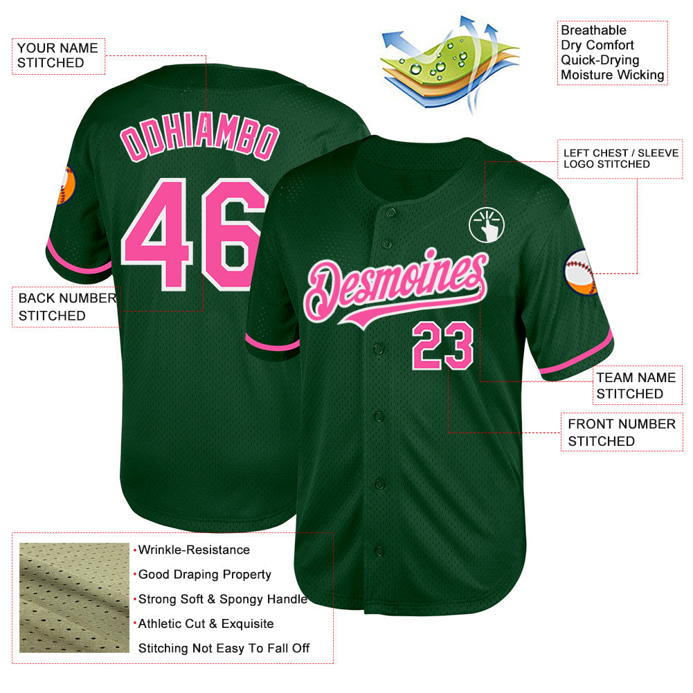 Custom Green Pink-White Mesh Authentic Throwback Baseball Jersey view 3