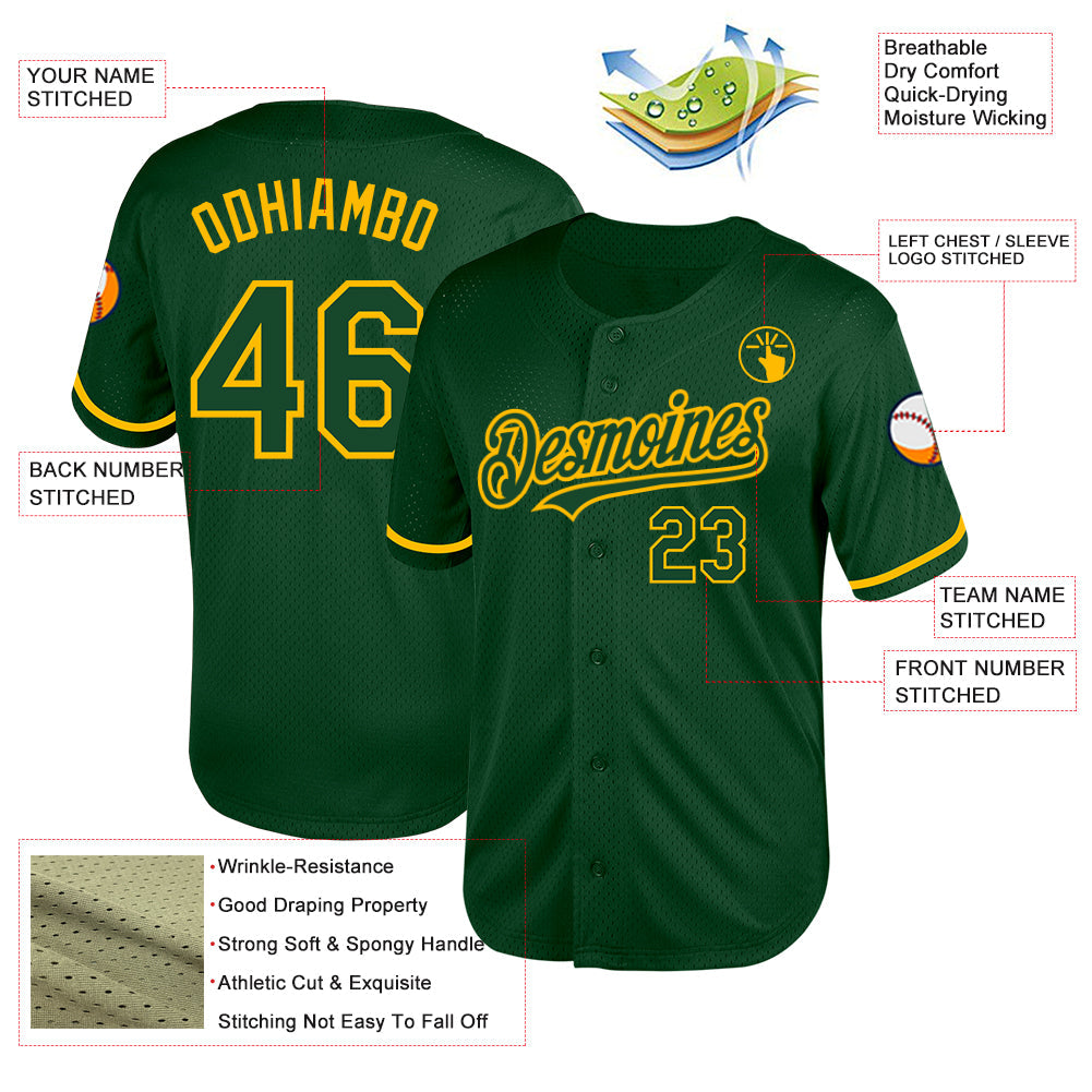 Custom Green Gold Mesh Authentic Throwback Baseball Jersey view 3