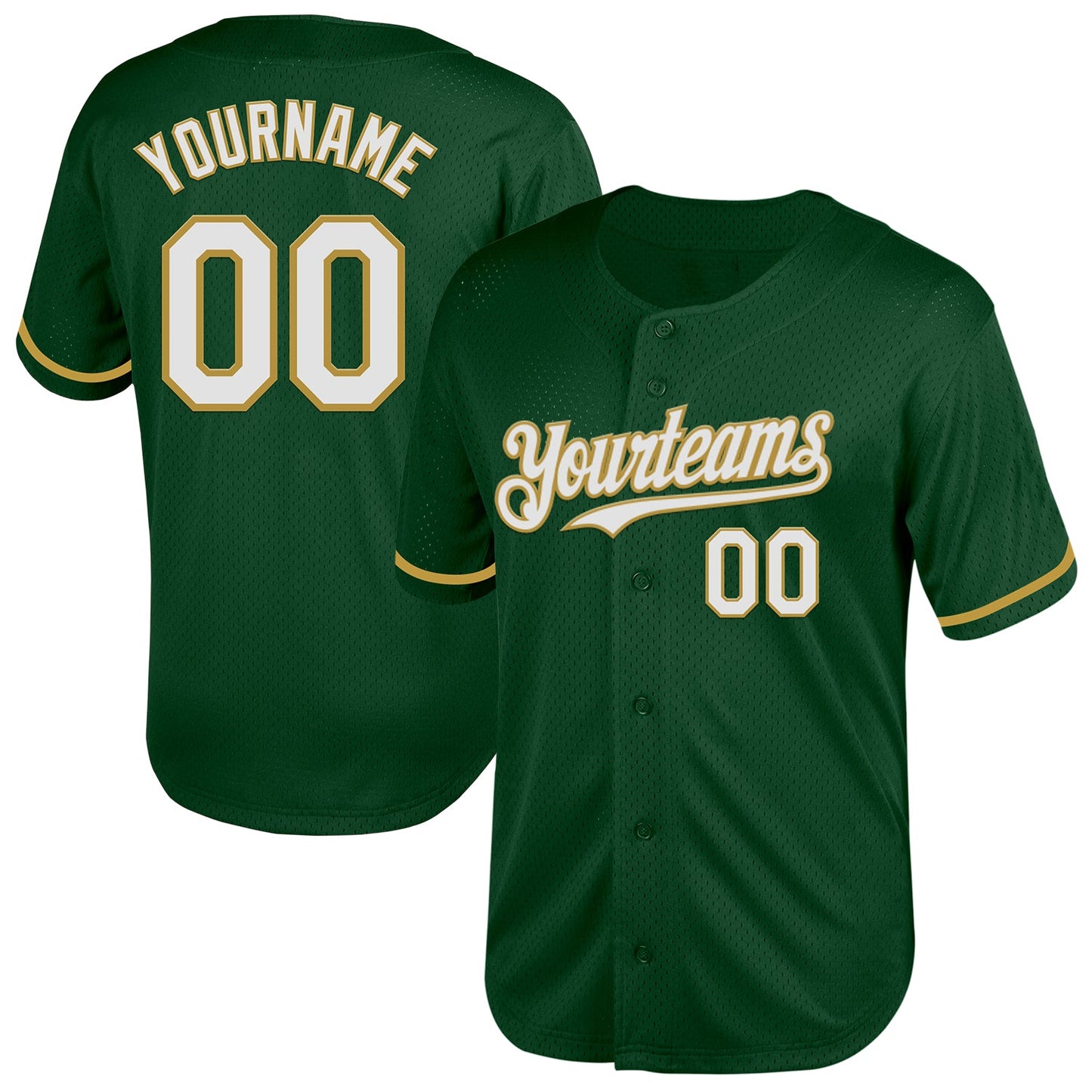 Custom Green White-Old Gold Mesh Authentic Throwback Baseball Jersey - Main View