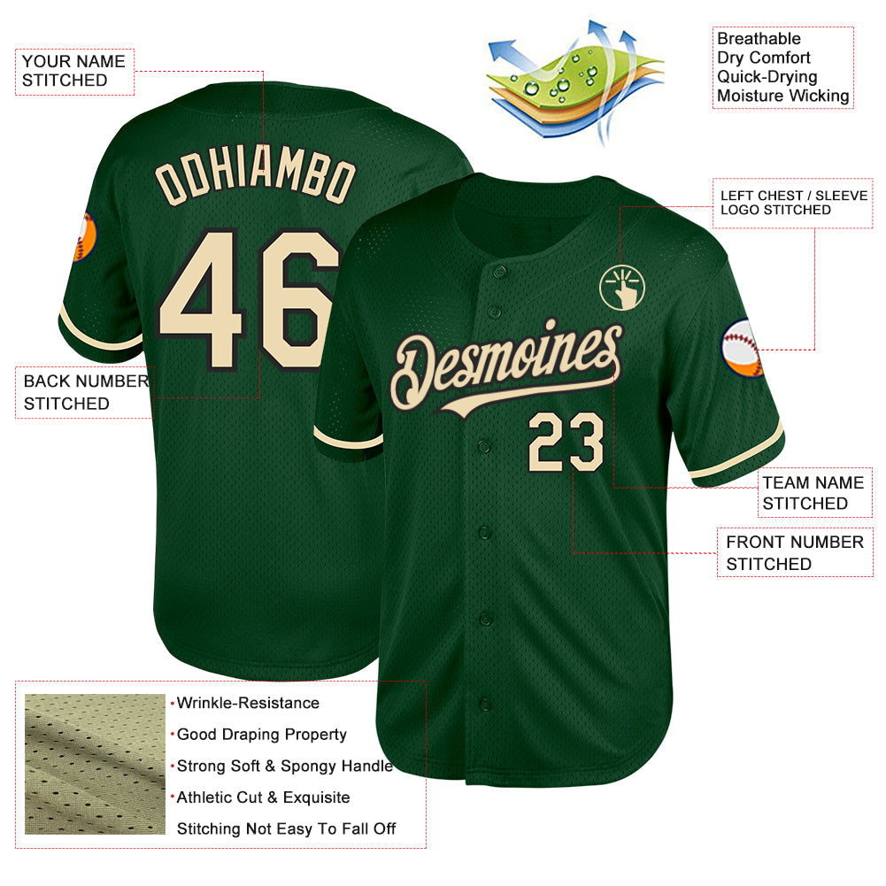 Custom Green Cream-Black Mesh Authentic Throwback Baseball Jersey view 3
