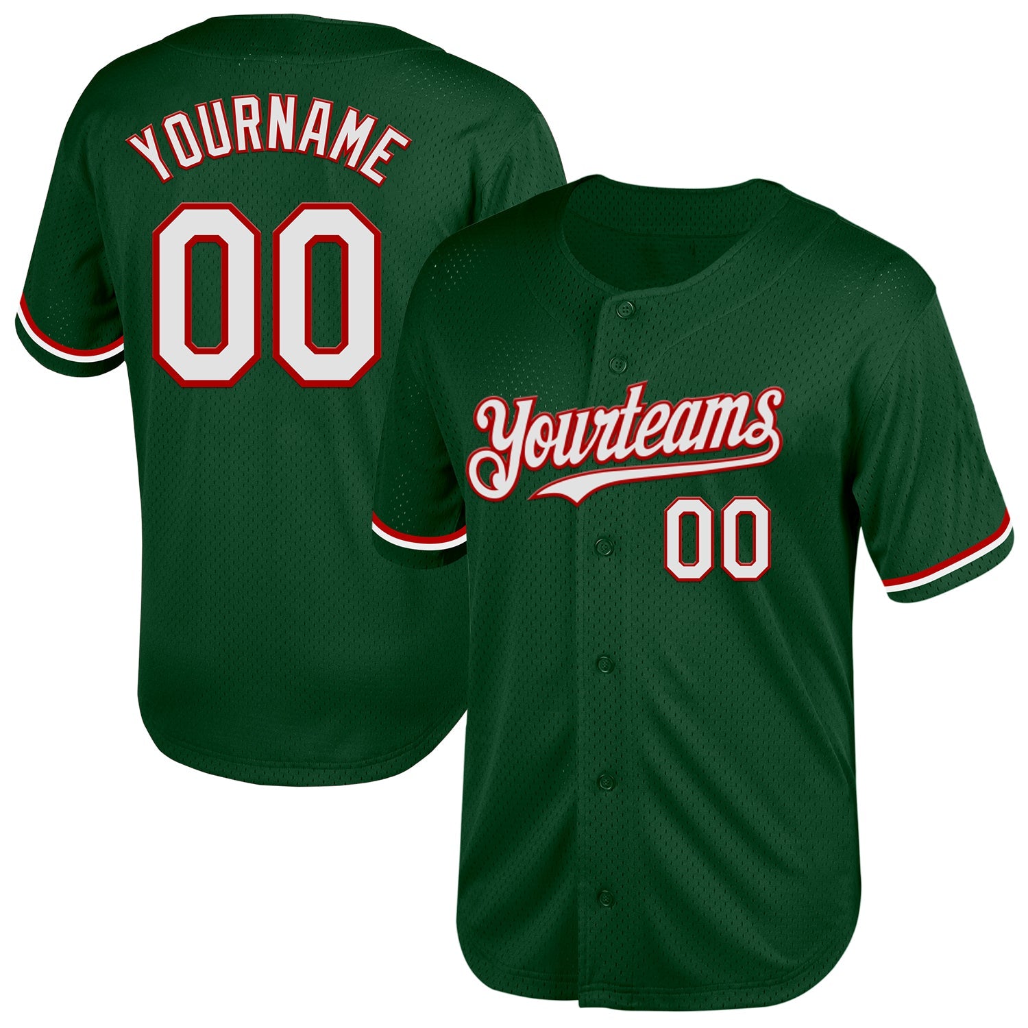 Custom Green White-Red Mesh Authentic Throwback Baseball Jersey - Main View