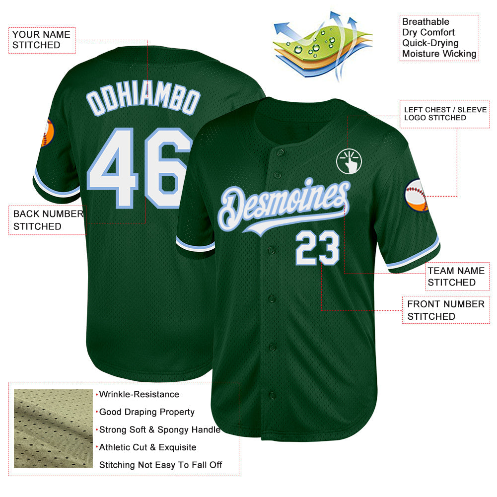 Custom Green White-Light Blue Mesh Authentic Throwback Baseball Jersey view 3
