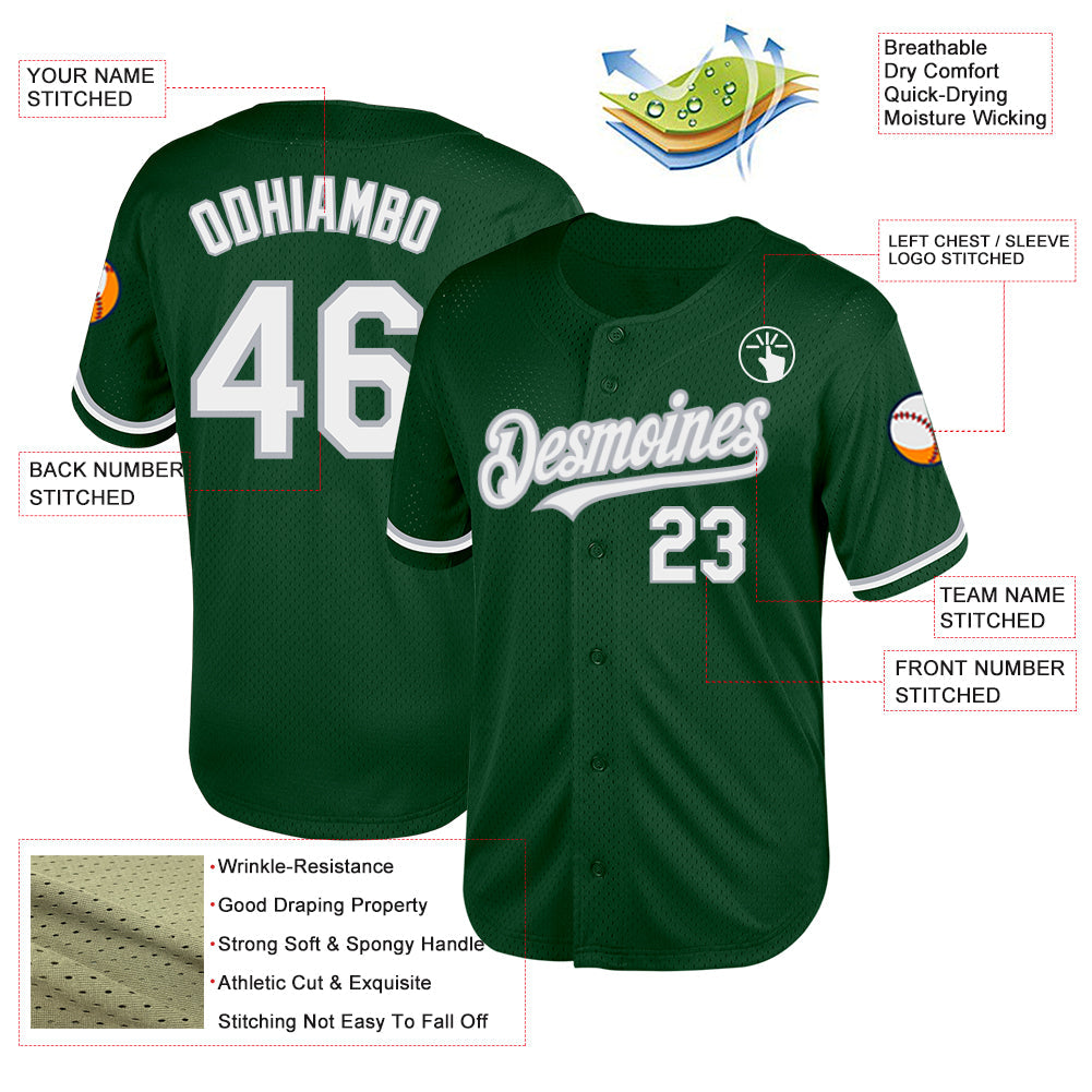 Custom Green White-Gray Mesh Authentic Throwback Baseball Jersey view 3