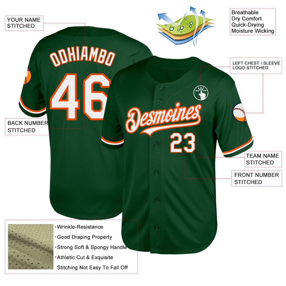 Custom Green White-Orange Mesh Authentic Throwback Baseball Jersey view 3